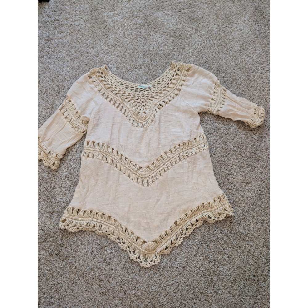 Vivid Importers NY Cream Crochet Lace Gauze Boho Sharkbite Tunic Top Womens Med